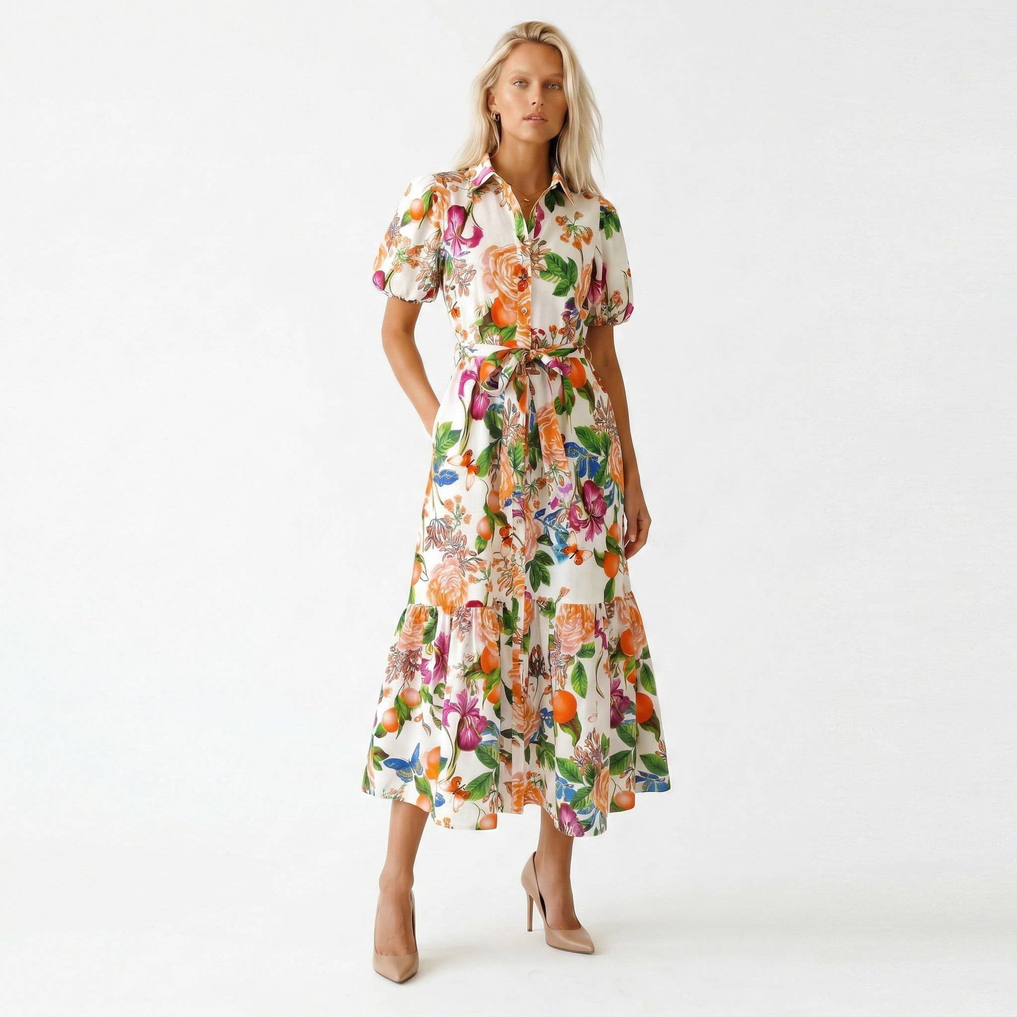 Tangerine Bloom Shirt Dress
