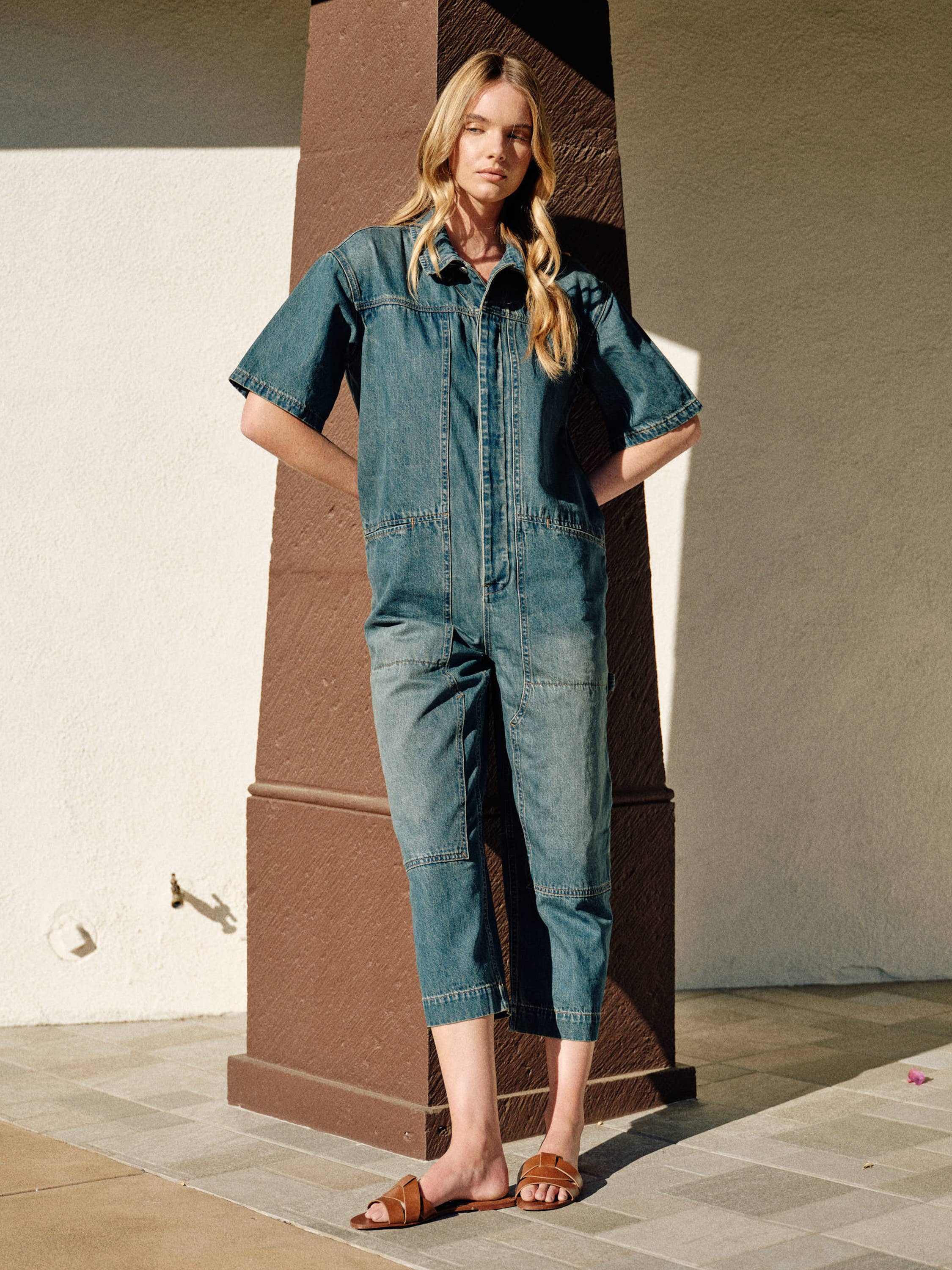 Denim Short Sleeves Collared Jumpsuit