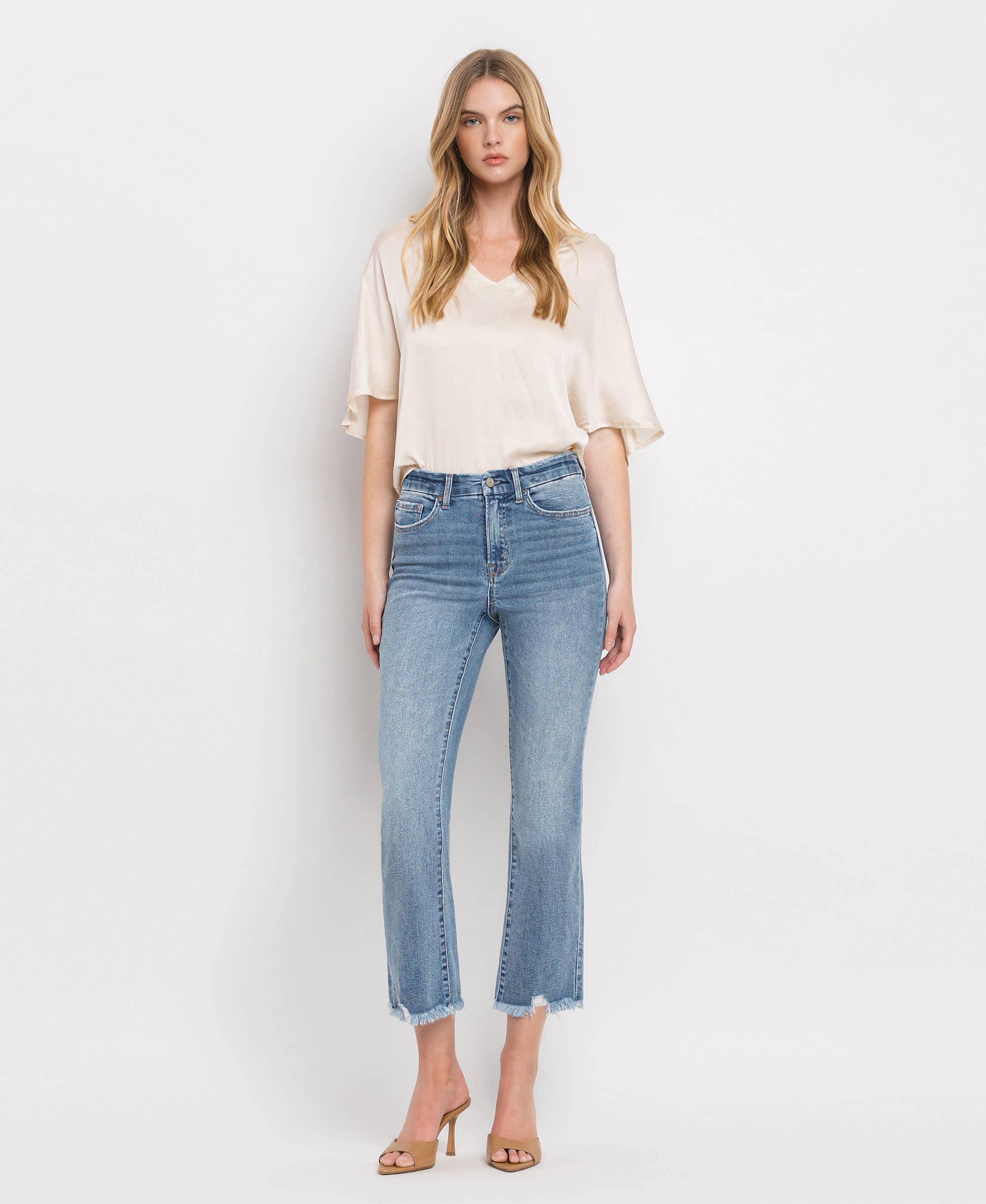 HIGH RISE FRAYED HEM CROP FLARE JEANS MERCIFUL