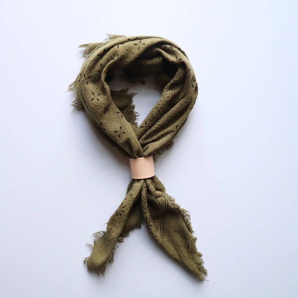 Olive Green Classic Print Naturally Dyed Bandana (black ink) G2