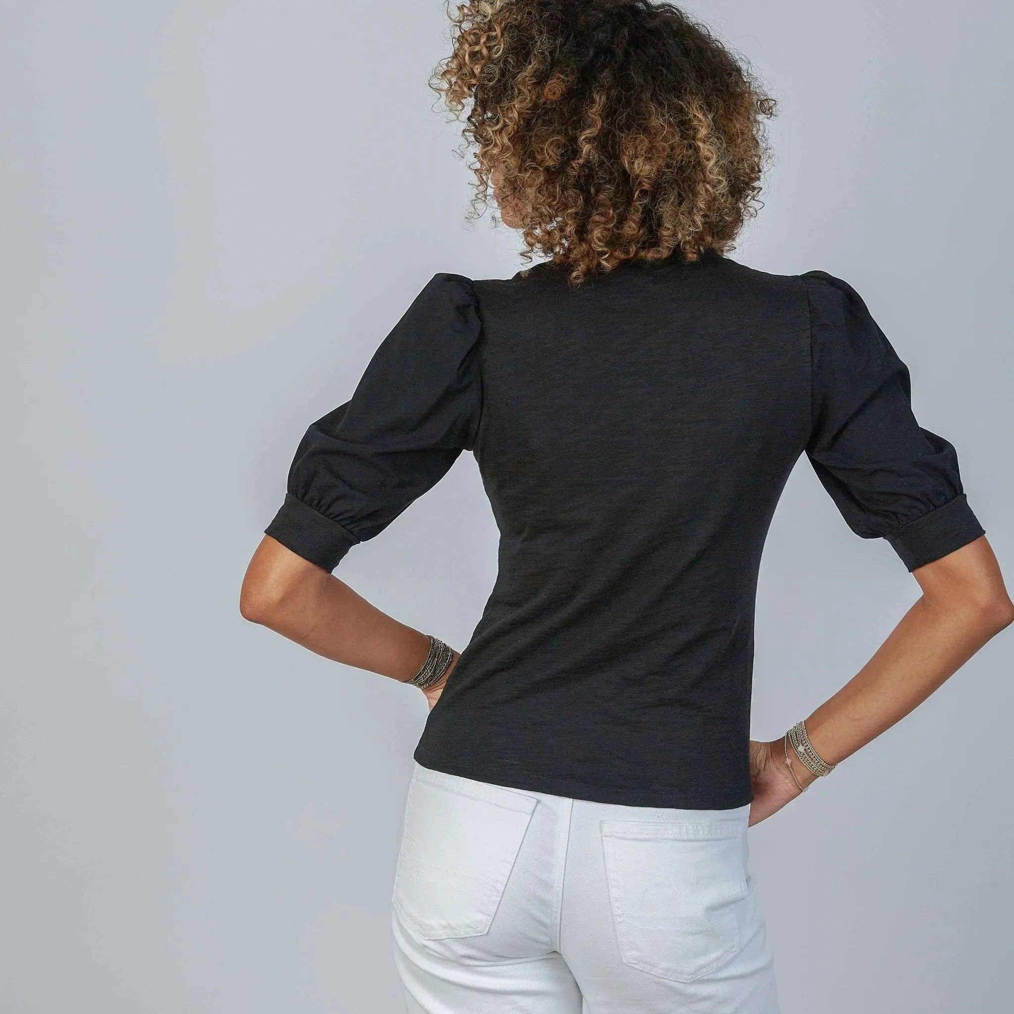 Kate Puff Sleeve V in Slub Tee