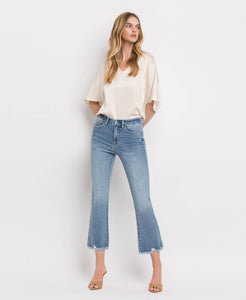 HIGH RISE FRAYED HEM CROP FLARE JEANS MERCIFUL