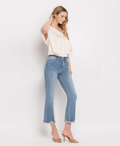 HIGH RISE FRAYED HEM CROP FLARE JEANS MERCIFUL