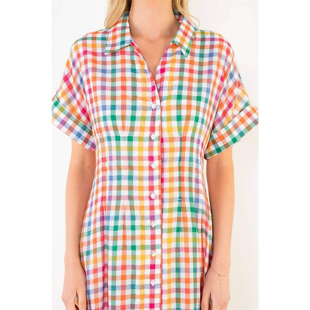 Short Sleeve Plaid Button Down Dress
