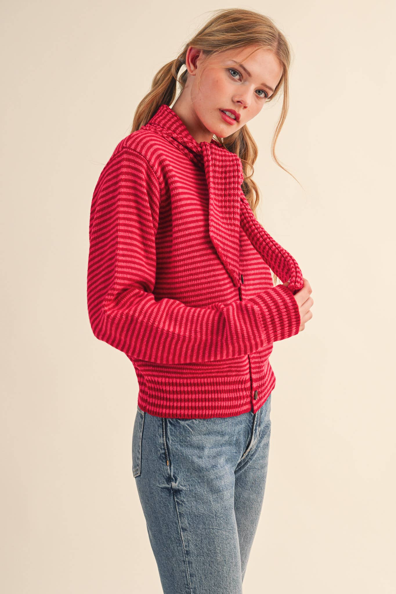 Striped Tying Neck Sweater Cardigan