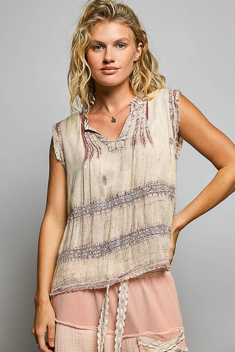 V-neck Sleeveless Lace Trim Detail Cotton Woven Top