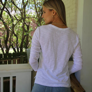 Erin Grey Long Sleeve Jeans V in White Pima Cotton Slub