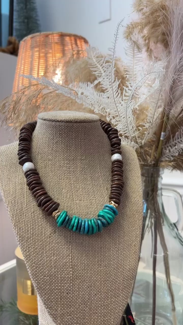 Turquoise, Pearl & Brown Beaded Necklace D1