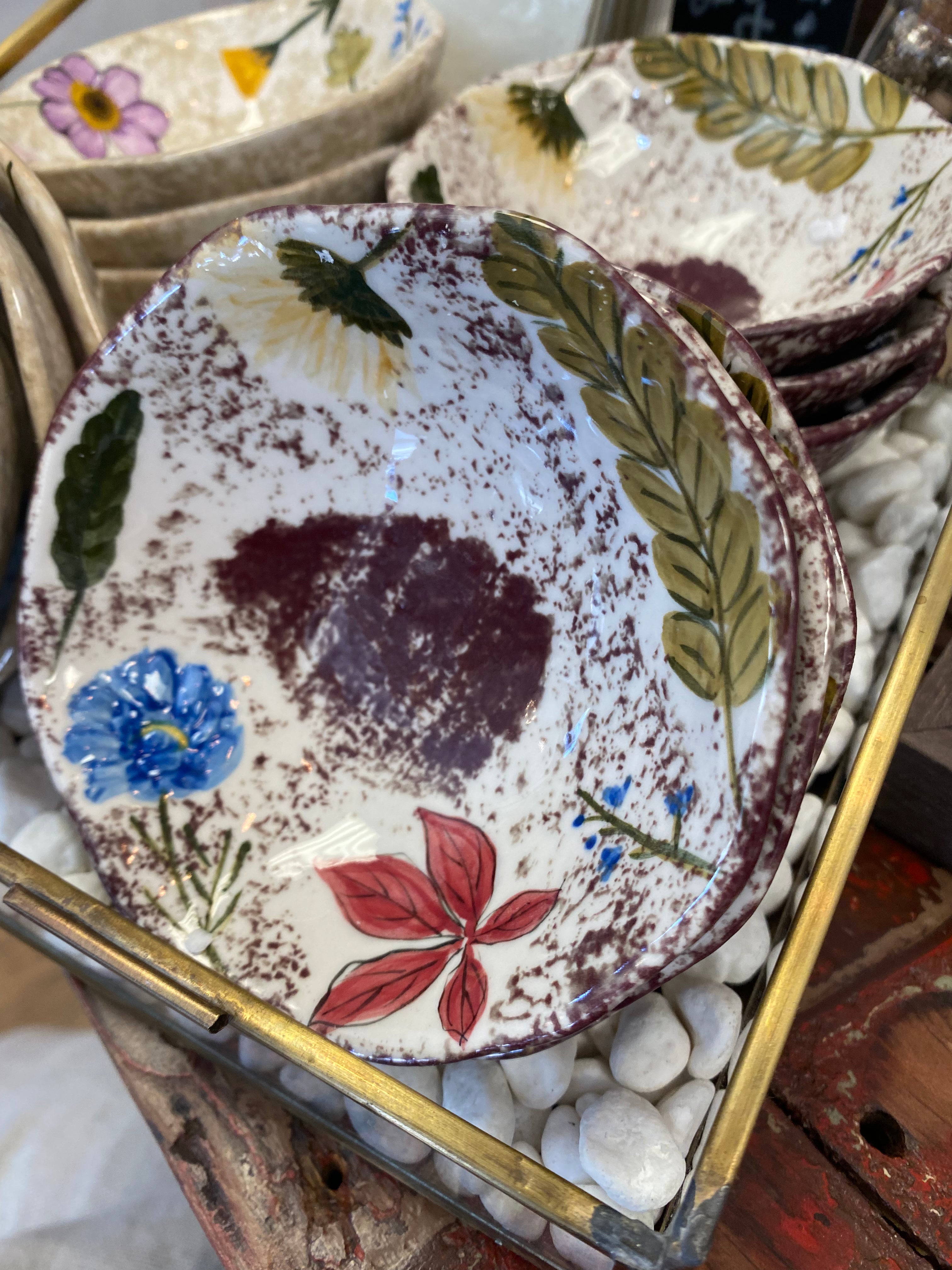 Hand-Painted Stoneware Dish with Debossed Florals