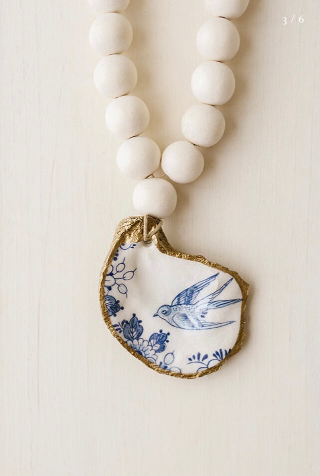 Petite Decoupage Oyster Shell Blessing Beads: Indigo Collection